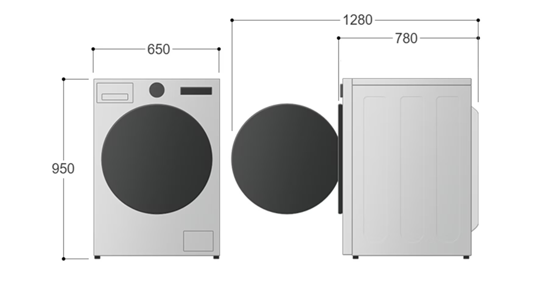 Máy giặt cửa trước màu trắng với kích thước rộng 650 mm, cao 950 mm và sâu 780 mm